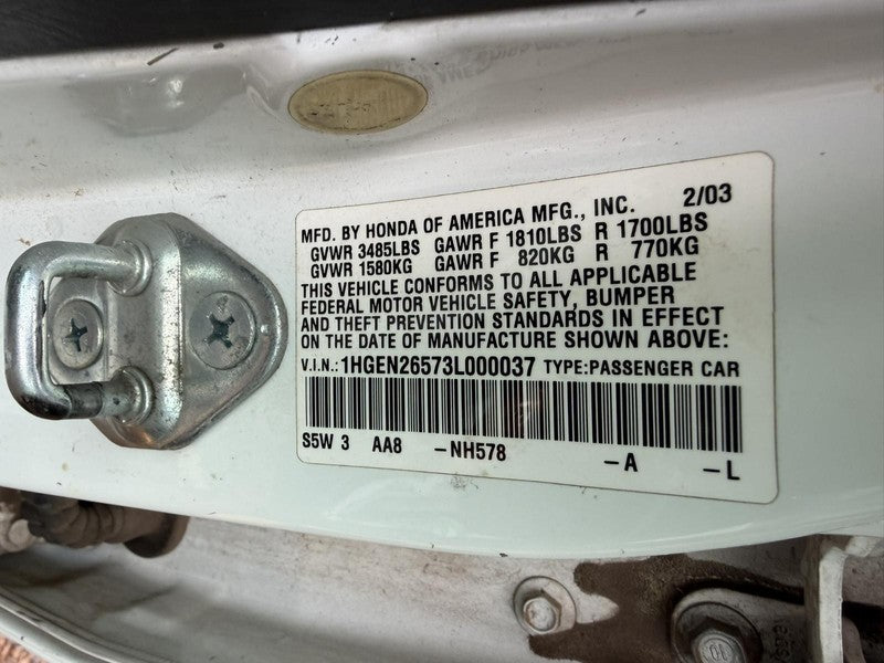 Used Engine Complete Assembly fits: 2003 Honda Civic 1.7L SOHC CNG VIN