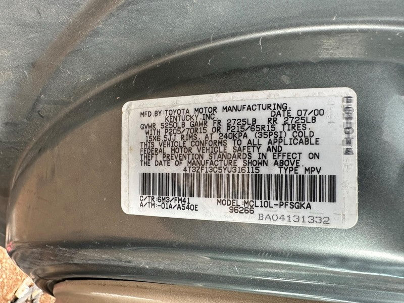 Used Engine Complete Assembly fits: 2000 Toyota Sienna 3.0L VIN F 5th 