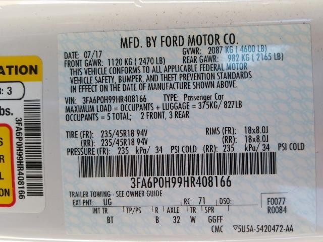 Used Right Tail Light Assembly fits: 2017 Ford Fusion quarter panel mo