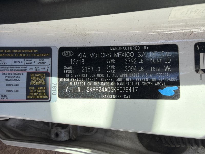 Used Front Right Seat Front fits: 2019 Kia Forte airbag sedan cloth ma