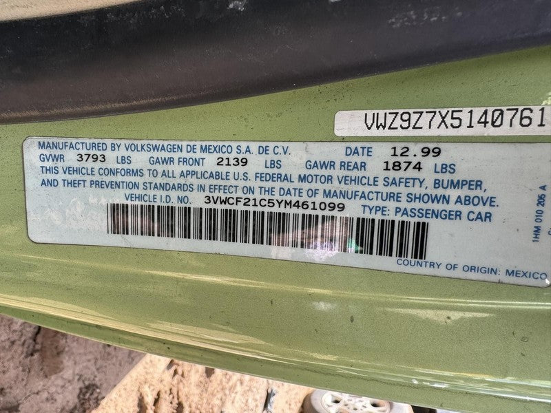 Used Manual Transmission Assembly fits: 2000 Volkswagen Beetle MT 1.9L