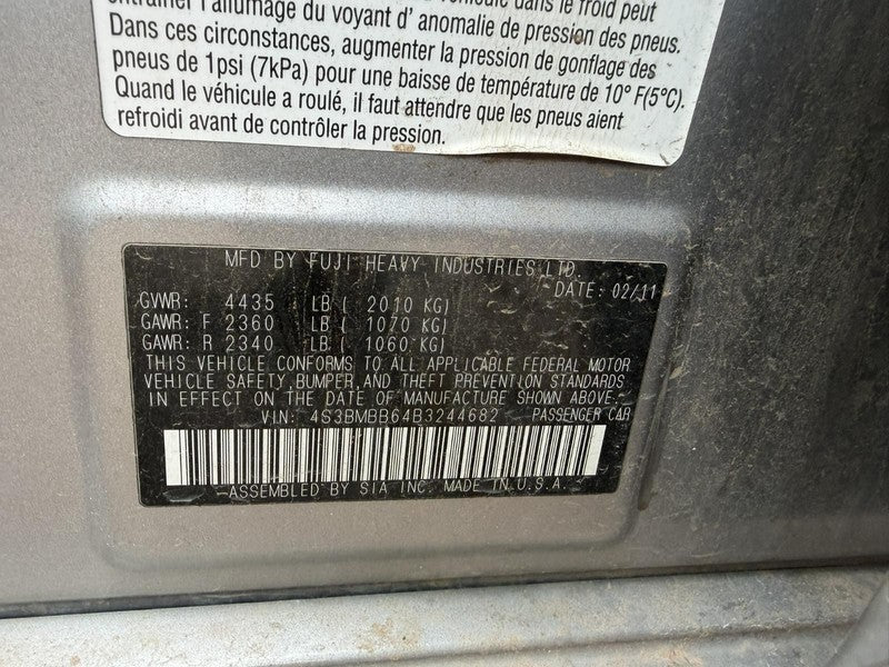 Used Engine Complete Assembly fits: 2011 Subaru Legacy 2.5L w/o turbo 