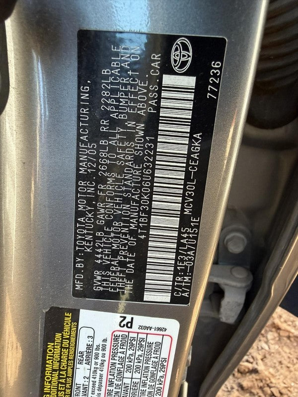 Used Engine Complete Assembly fits: 2006 Toyota Camry 3.0L VIN F 5th d