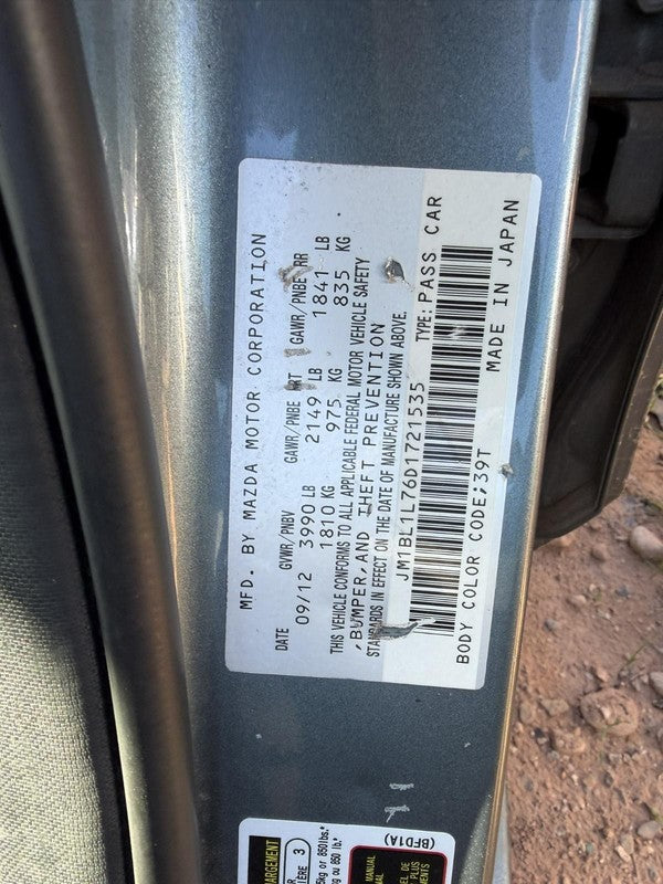 Used Rear Left Door Assembly Rear Side fits: 2013 Mazda 3 electric Htb