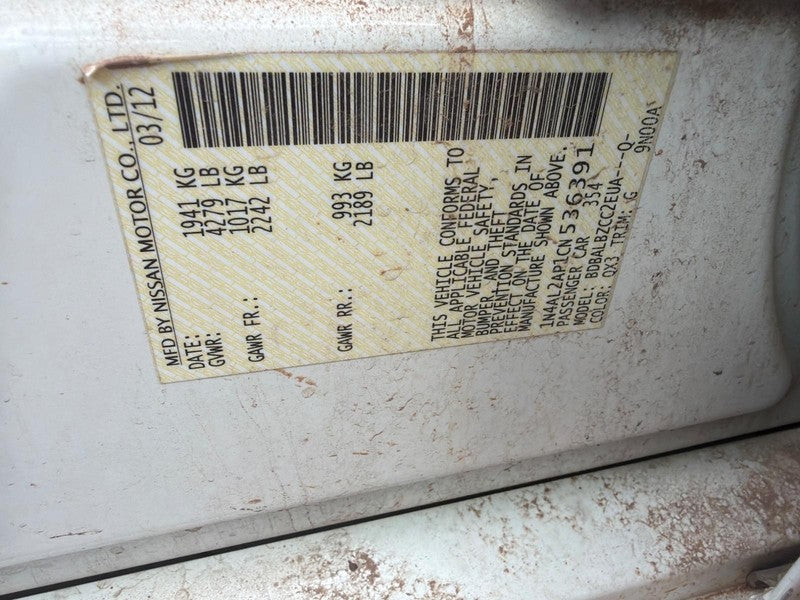 Used Front Right Seat Front fits: 2012 Nissan Altima Sdn bucket air ba